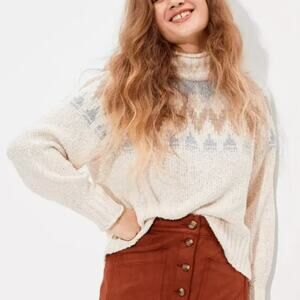 American Eagle Cream Mock Neck Striped Sweater Size M Pullover Long Sleeve Boho